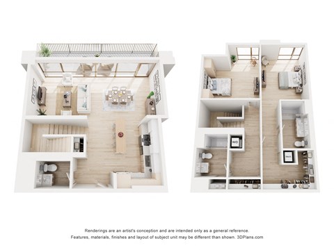 Two images of a white room with furniture and a note about the renderings being a reference and not an actual representation.